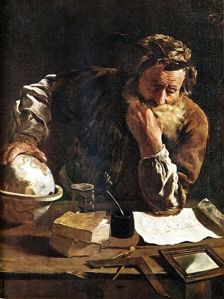 Tableau : un homme barbu, en manteau rouge, assis à une table, tient un compas au-dessus d'un livre ouvert.