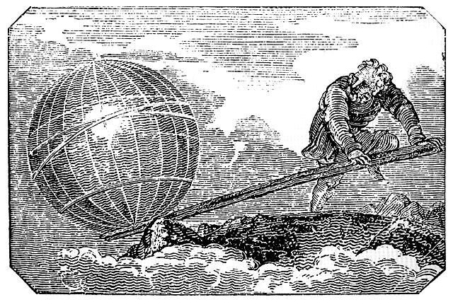 Gravure : un homme en tunique appuie sur un long levier posé sur un rocher, au milieu des nuages, pour soulever la Terre.