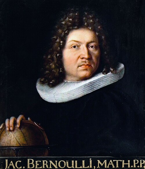 Portrait peint de Jacques Bernoulli, perruque et col blanc.