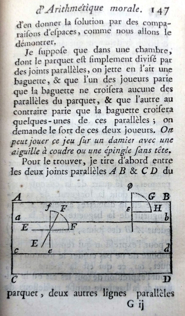 Page imprimée du XVIIIe siècle, en caractères anciens, avec le texte du problème de la baguette, et en bas une figure : deux bandes parallèles AB et CD, des segments et des arcs de cercle.
