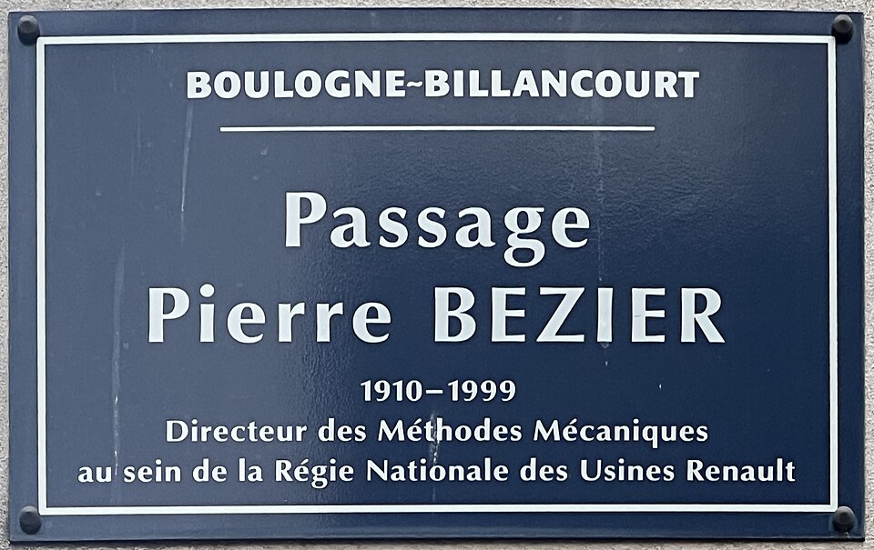 Plaque de rue bleue : Boulogne-Billancourt, Passage Pierre Bézier, 1910-1999, directeur des méthodes mécaniques au sein de la Régie nationale des usines Renault.