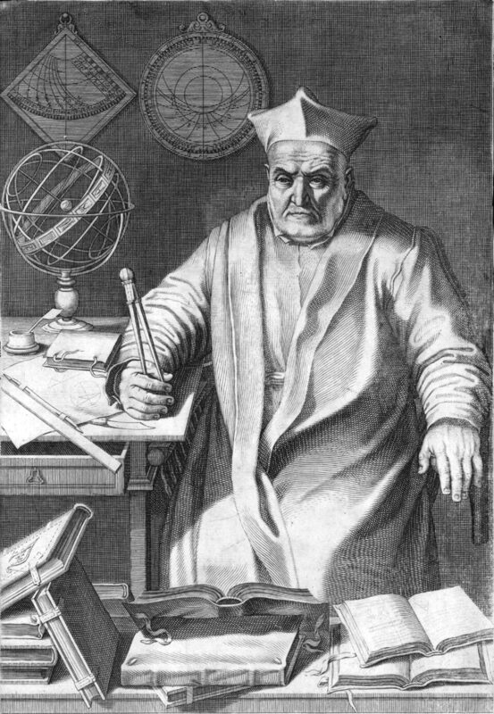 Gravure : portrait de Christophorus Clavius en buste, avec un compas