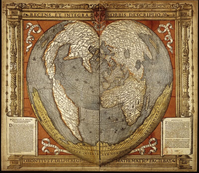 Mappemonde ancienne en forme de cœur, dans un cadre décoré : les continents connus vers 1530, avec une grande terre australe en bas.