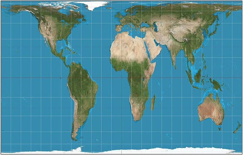 Carte du monde en projection de Gall-Peters : les continents proches de l'équateur paraissent étirés verticalement, l'Afrique est très grande.