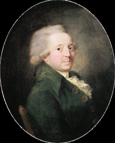 Portrait peint dans un ovale : un homme aux cheveux poudrés blancs, en habit vert, regarde le spectateur avec un léger sourire.