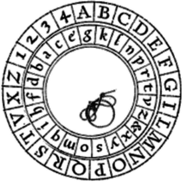 Disque de chiffrement formé de deux couronnes concentriques portant chacune un alphabet ; en tournant le disque intérieur, on associe chaque lettre extérieure à une autre lettre.