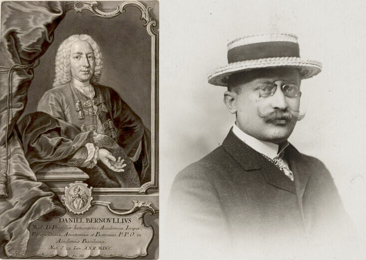 À gauche, gravure du XVIIIe siècle représentant Daniel Bernoulli en perruque, assis près d'une draperie, avec un cartouche en latin ; à droite, photographie d'un homme moustachu à lorgnon et canotier, Johan Jensen.