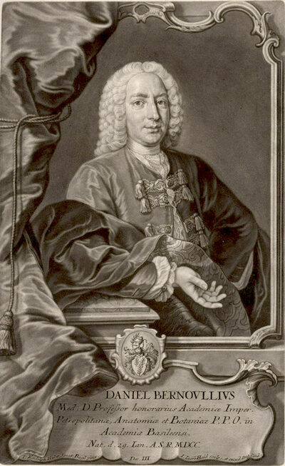 Gravure : portrait d'un homme en perruque blanche, dans un cadre orné, avec une inscription latine.