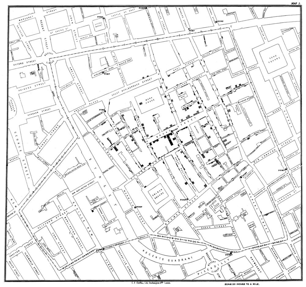 Carte en noir et blanc des rues de Soho à Londres, avec de petits traits noirs empilés devant les maisons, très nombreux autour de la pompe de Broad Street.