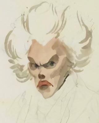 Caricature à l'aquarelle d'un homme âgé aux cheveux blancs, de profil, au visage marqué.