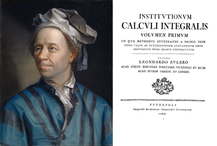 À gauche, portrait au pastel de Leonhard Euler, en perruque et habit sombre ; à droite, page de titre en latin du premier volume des Institutionum calculi integralis, Saint-Pétersbourg, 1768.