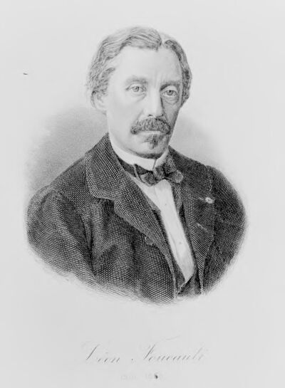 Gravure en noir et blanc : portrait d'un homme moustachu en veste et nœud papillon.