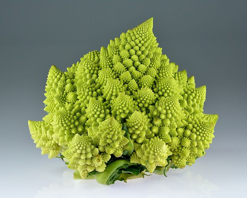 Photographie d'un chou romanesco vert pâle : il est formé de pointes en spirale, elles-mêmes formées de pointes plus petites.
