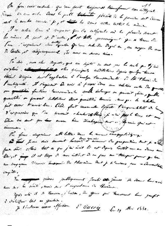 Dernière page de la lettre manuscrite de Galois à Auguste Chevalier, datée du 29 mai 1832
