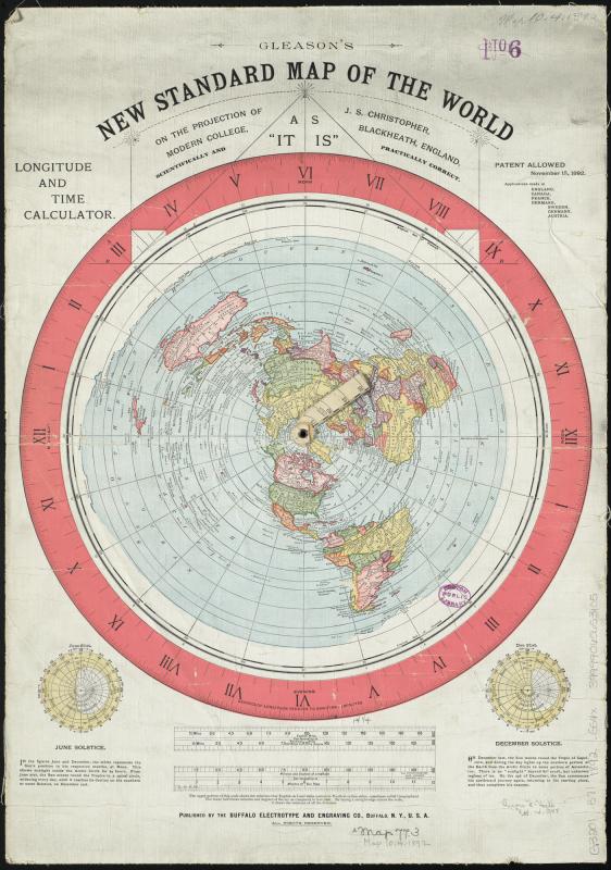 Carte du monde de 1892 dessinée dans un disque centré sur le pôle Nord : les continents de l'hémisphère sud sont très étirés vers le bord du disque, entouré d'une couronne rouge graduée en heures.