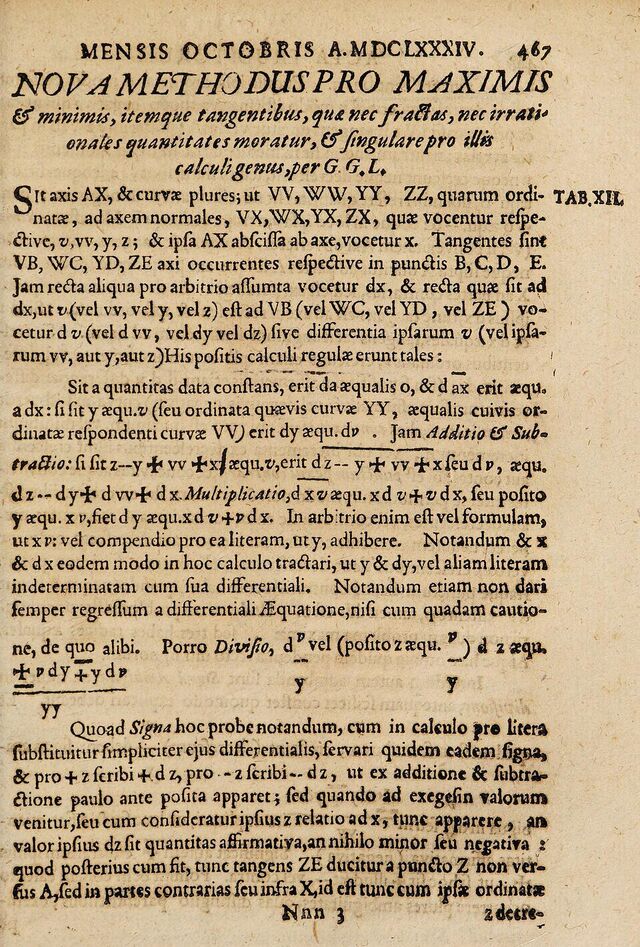 Page imprimée en latin de la revue Acta Eruditorum de 1684, titrée Nova methodus pro maximis et minimis, avec des formules contenant les lettres d.
