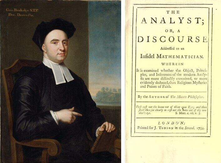 À gauche, portrait peint de George Berkeley en habit d'ecclésiastique ; à droite, la page de titre imprimée de The Analyst, 1734.