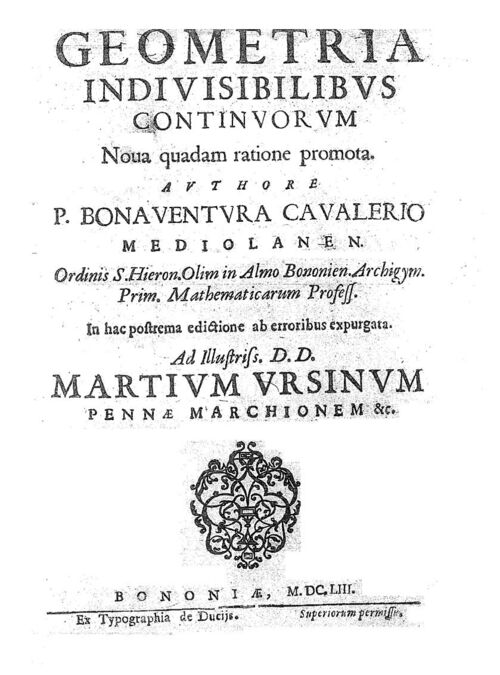 Page de titre imprimée en latin : Geometria indivisibilibus continuorum, auteur Bonaventura Cavalieri, Bologne, 1653.
