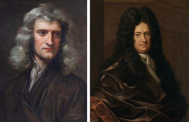 Deux portraits peints côte à côte : à gauche Isaac Newton jeune, aux longs cheveux, à droite Gottfried Wilhelm Leibniz portant une grande perruque bouclée.