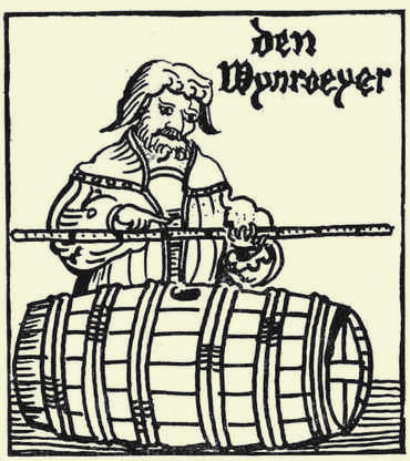 Gravure sur bois : un homme barbu tient horizontalement une longue baguette graduée au-dessus d'un tonneau couché cerclé de bois ; en haut à droite, l'inscription « den Wynroeyer ».