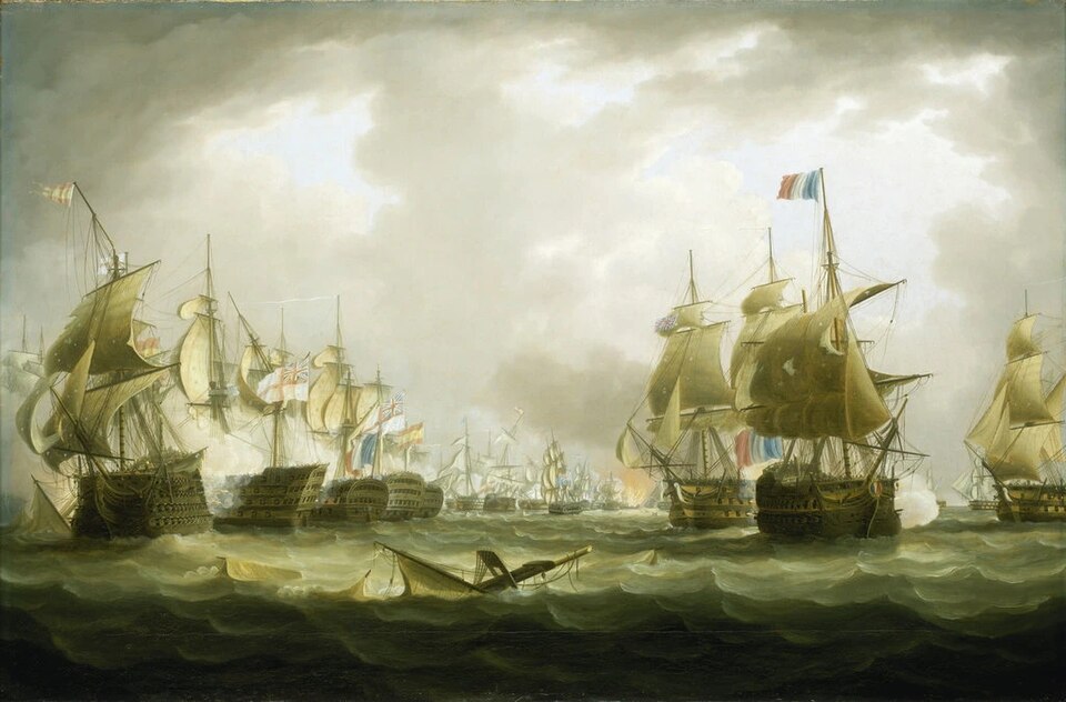 Tableau de bataille navale : de nombreux vaisseaux à voiles, canons fumants, en ligne sur une mer agitée.