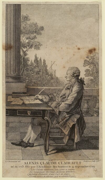 Gravure ancienne : un homme en perruque, de profil, assis à une table devant une balustrade, une plume à la main.