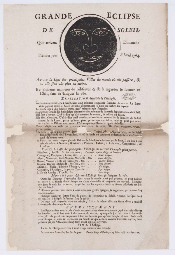 Affichette imprimée de 1764 : un soleil noir à visage humain sous le titre Grande éclipse de Soleil, suivi d'un long texte explicatif.
