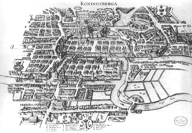 Gravure ancienne en noir et blanc de la ville de Königsberg vue d'en haut : le fleuve Pregel entoure deux îles reliées aux rives et entre elles par sept ponts.