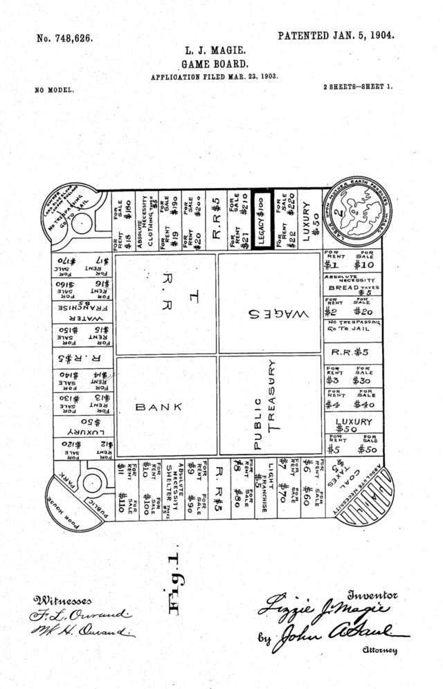 Dessin de brevet d'un plateau de jeu carré, avec des cases sur le pourtour, une case No trespassing go to jail dans un coin et les mots Bank, Public treasury et Wages au centre.