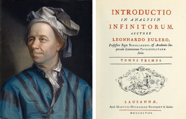 À gauche, portrait au pastel de Leonhard Euler en perruque ; à droite, page de titre en latin de l'Introductio in analysin infinitorum, Lausanne, 1748.