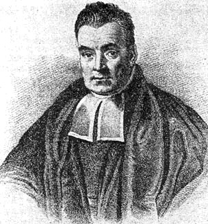 Gravure ancienne en noir et blanc : portrait d'un homme en habit de pasteur, avec une perruque, dans un médaillon.