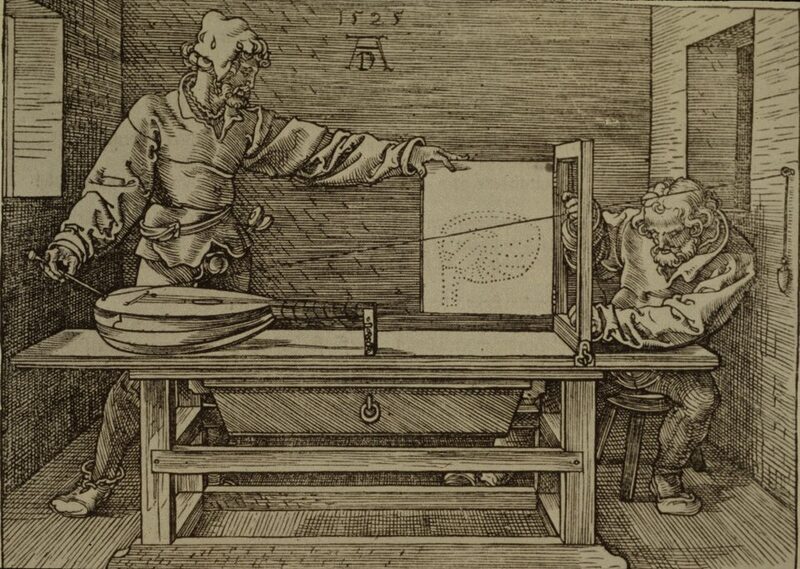 Gravure en noir et blanc : deux hommes autour d'une table ; un fil tendu part d'un point fixé au mur, passe par un cadre vertical et aboutit à un luth posé sur la table ; l'un des hommes reporte des points sur un volet de papier fixé au cadre.