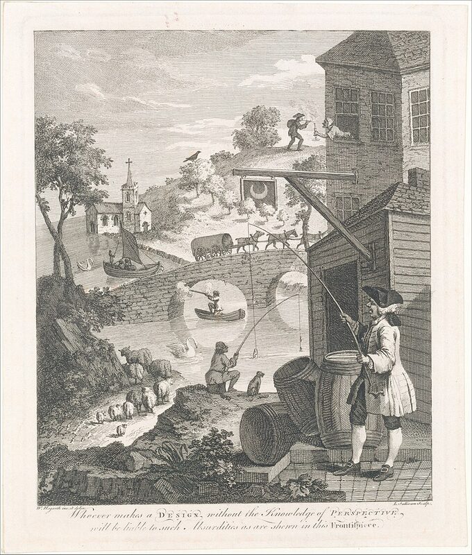 Gravure : un paysage avec une auberge, un pont, une rivière, un pêcheur et des moutons ; en y regardant bien, les objets lointains sont trop grands, un homme sur une colline allume sa pipe à la bougie d'une femme penchée à une fenêtre éloignée, et des lignes de pêche se croisent impossiblement.