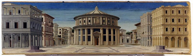 Peinture d'une place déserte pavée de dalles géométriques, avec au centre un édifice circulaire à colonnes et de part et d'autre des palais alignés qui fuient vers le fond.