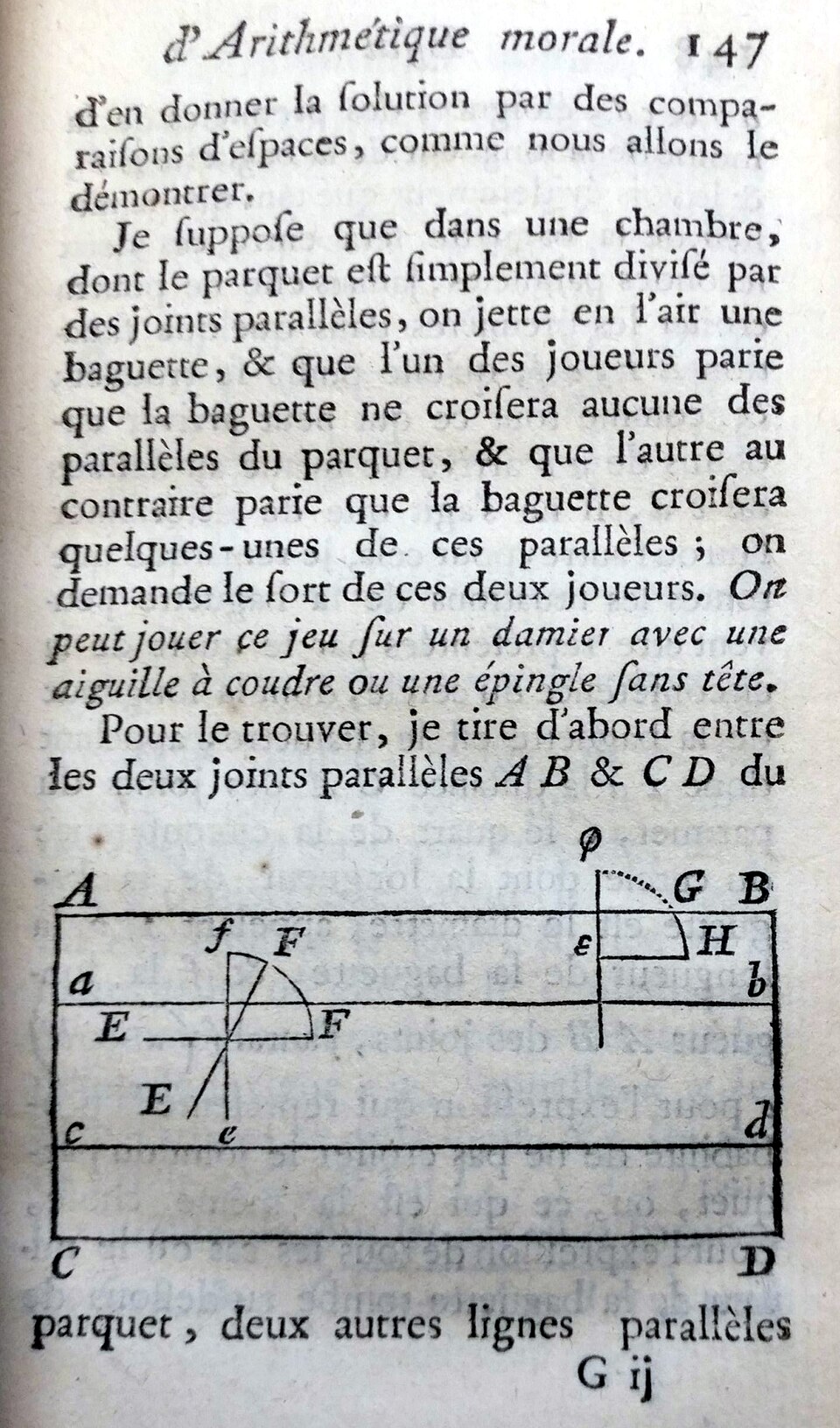 Page imprimée ancienne, en caractères du XVIIIe siècle, avec le texte du problème de la baguette jetée sur un parquet, et en bas une figure : deux bandes parallèles et des arcs de cercle.
