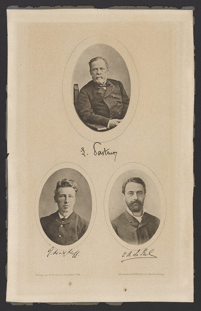 Planche de trois portraits photographiques avec signatures : Louis Pasteur en haut, Jacobus van 't Hoff en bas à gauche, Joseph Achille Le Bel en bas à droite.