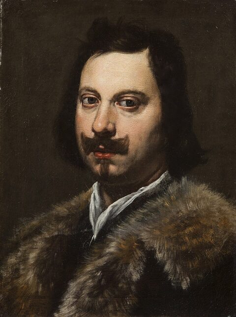 Portrait peint d'un homme aux cheveux bruns mi-longs, vêtu de noir avec un col blanc, tenant un instrument.