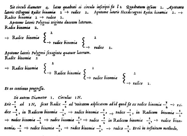 Texte latin imprimé de 1593 : des expressions « Radix binomia 2 + radice 2 » emboîtées par des accolades, puis la phrase « Et ea in infinitum methodo ».
