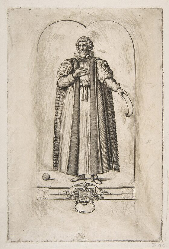 Gravure : un homme barbu en longue robe de magistrat, debout dans une niche en arc, tient un rouleau de papier ; un globe est posé à ses pieds et un blason orne le socle.